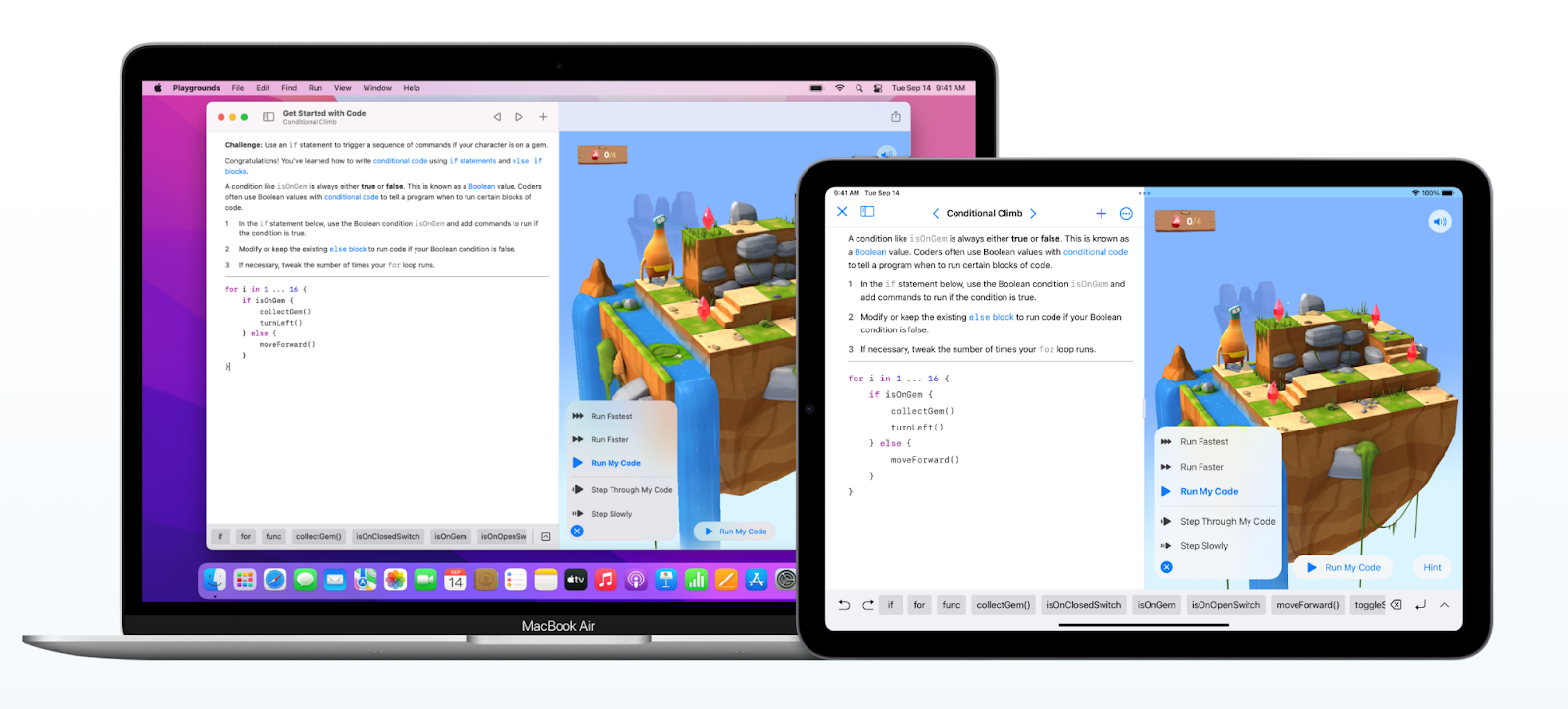 Swift Playgrounds by Apple allows learners to navigate and control a character in a 3D world.