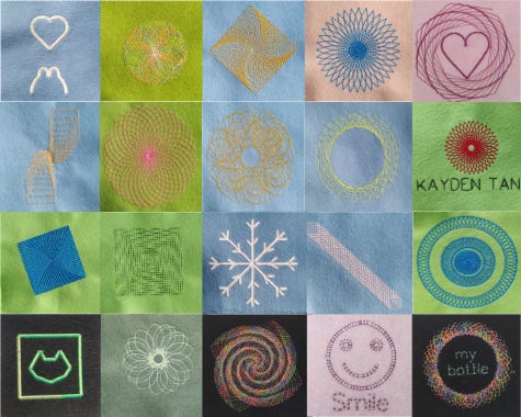 Twenty embroidered fabric designs including flowers, spirals, hearts and names