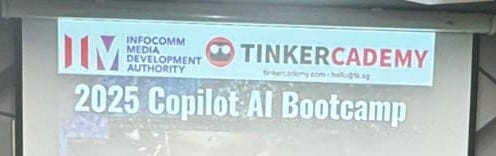Banner for the 2025 Copilot AI Bootcamp, hosted by Tinkercademy and the Infocomm Media Development Authority.