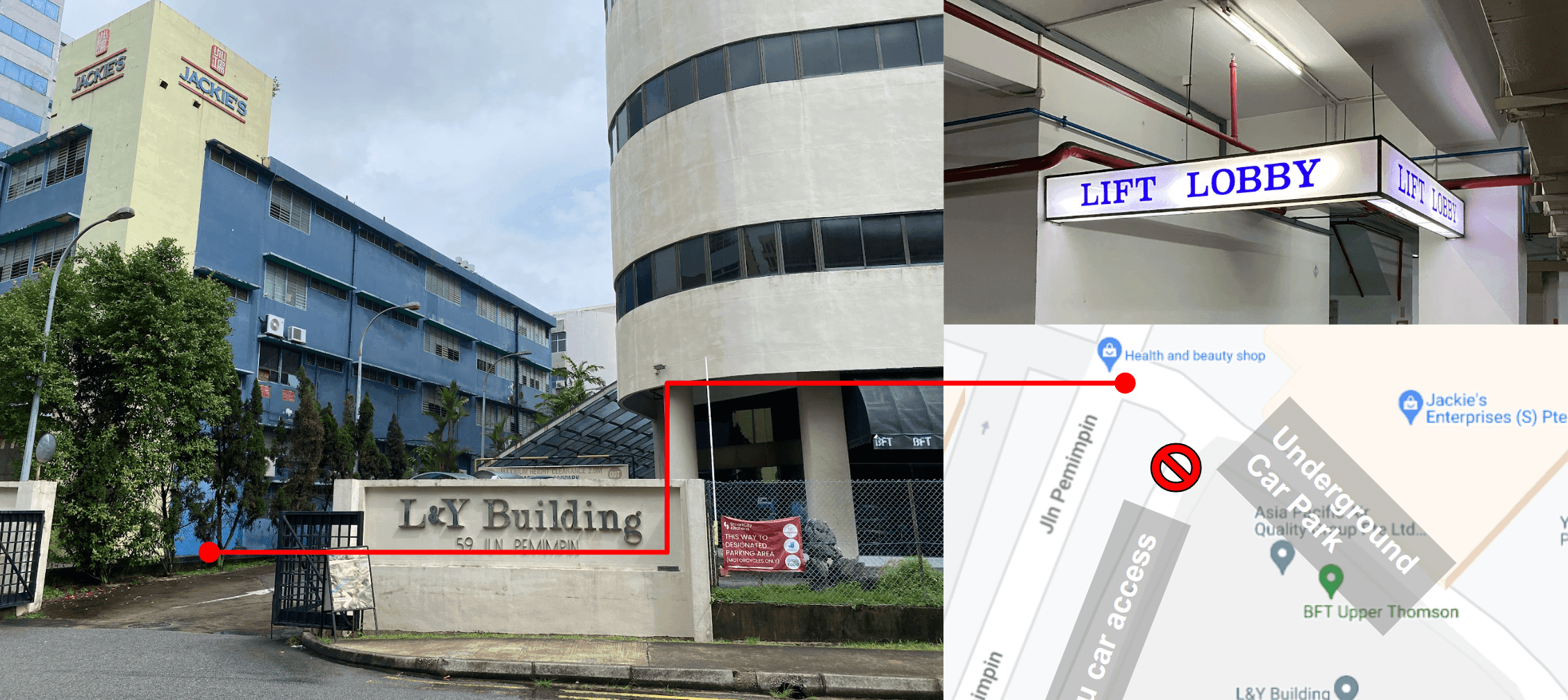 Parking access guide with nearby landmarks and lift lobby