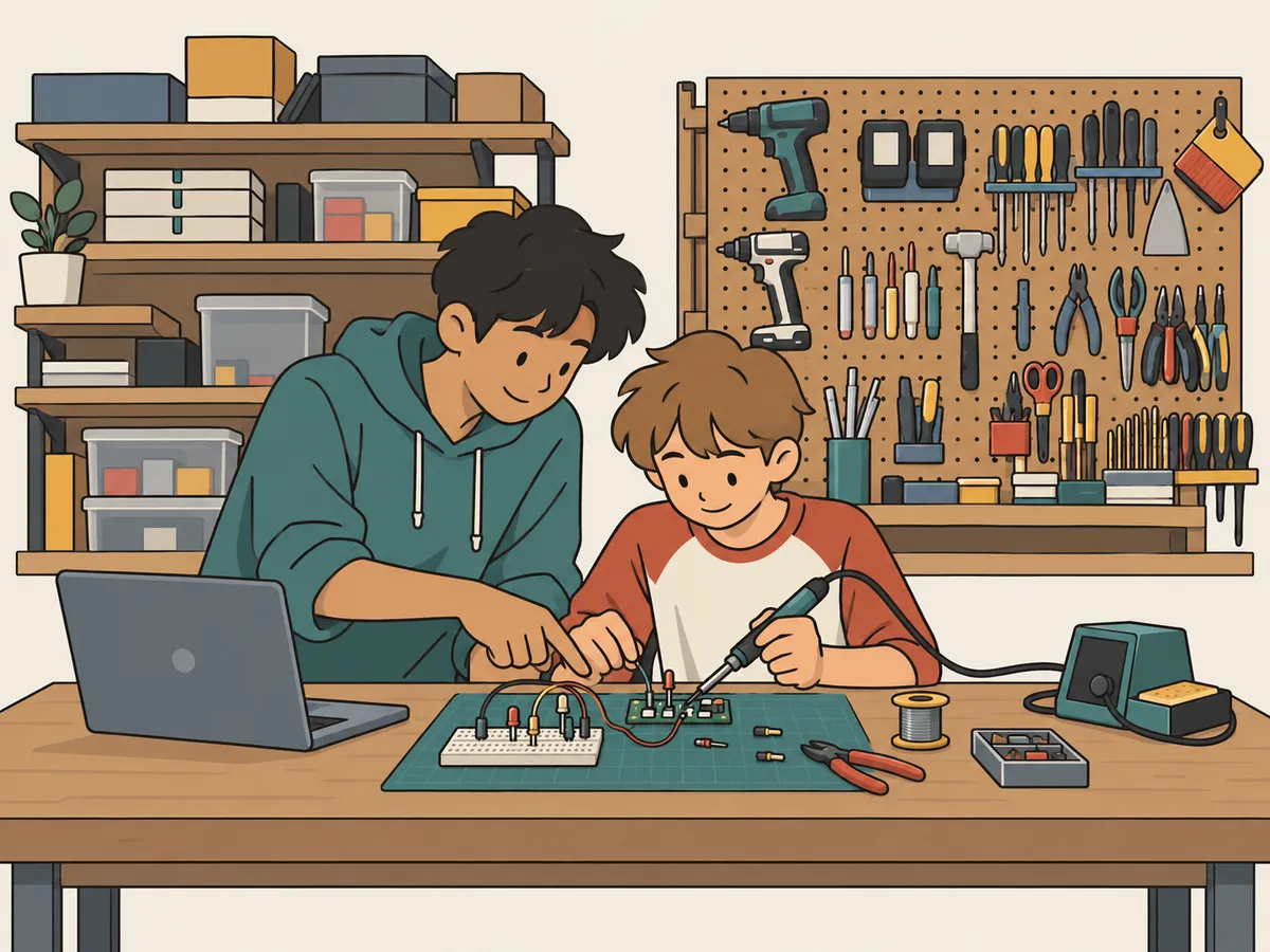 Illustration of an older student showing a younger one how to solder